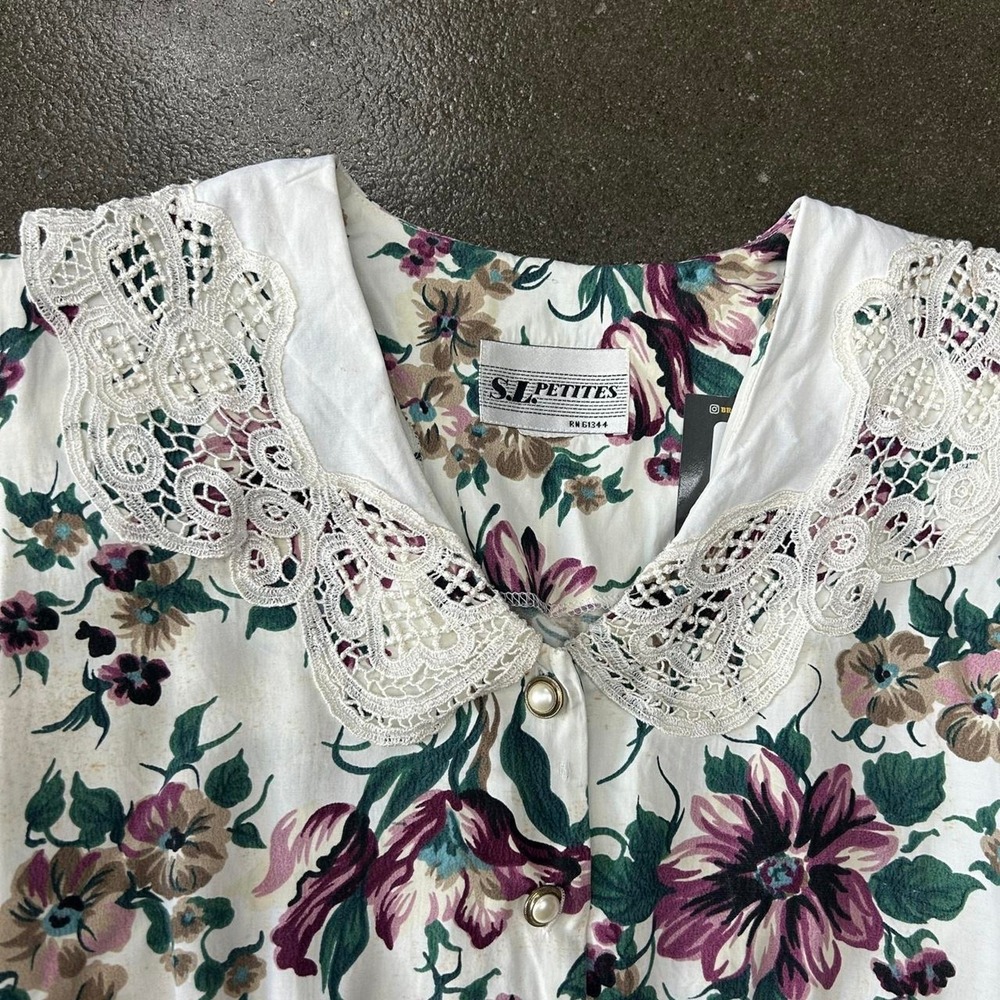 Vintage 80s Petite Floral Lace Trim Womens Medium Short Sleeve Cottagecore Dress - Picture 4 of 5